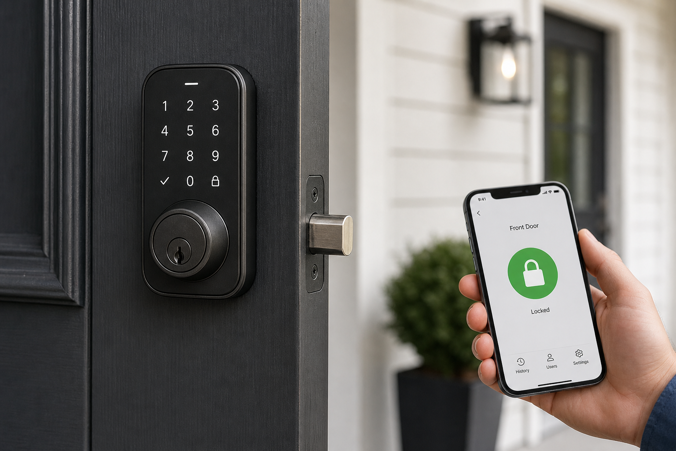smart lock with keypad on front door controlled by smartphone app
