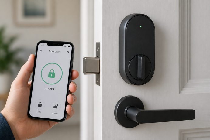 smartphone app showing front door locked status next to smart lock on white door