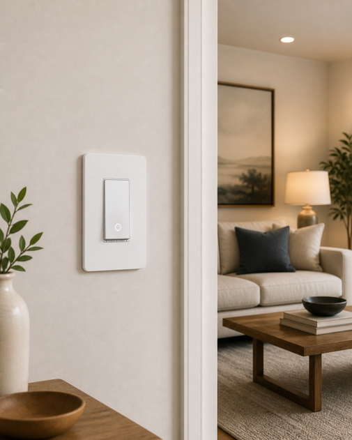 tapo s505 matter smart light switch mounted on wall with living room visible in background