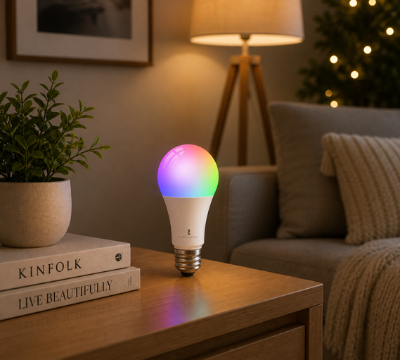 thirdreality zl1 zigbee color bulb glowing rgb multicolor on a wooden table