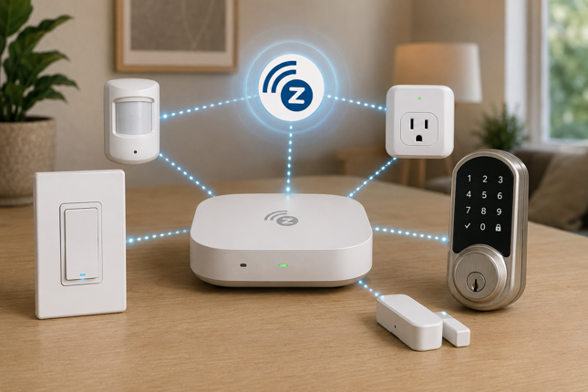 z-wave hub connecting smart lock, sensors, switch and outlet via mesh network