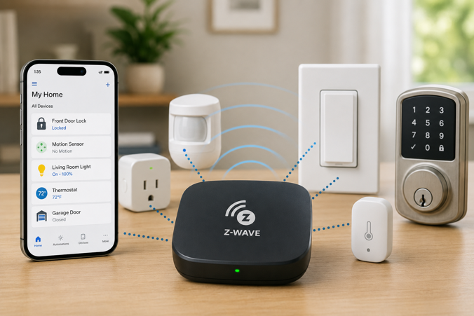 z-wave hub connecting to phone app with smart lock, sensors, switch and outlet