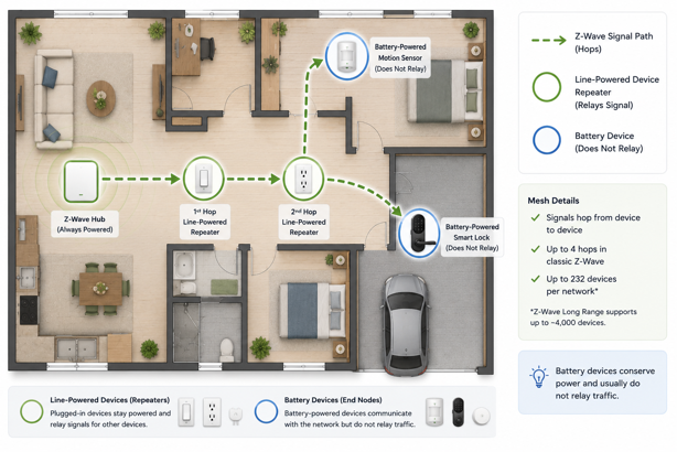 z-wave mesh network floor plan showing hub, repeaters and signal path hopping to battery devices