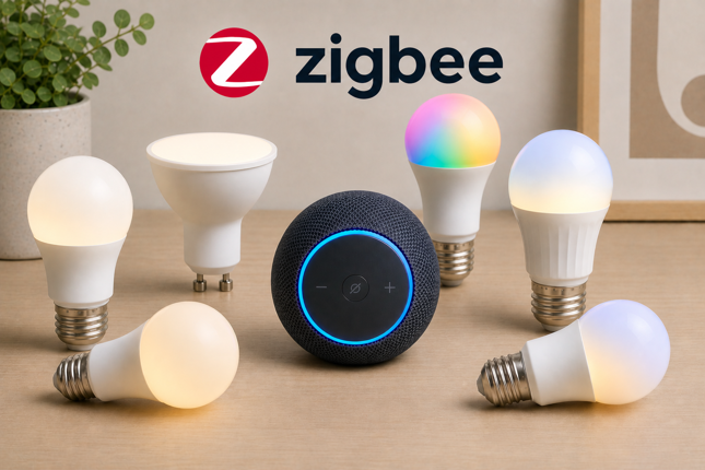 zigbee smart bulbs surrounding an echo device