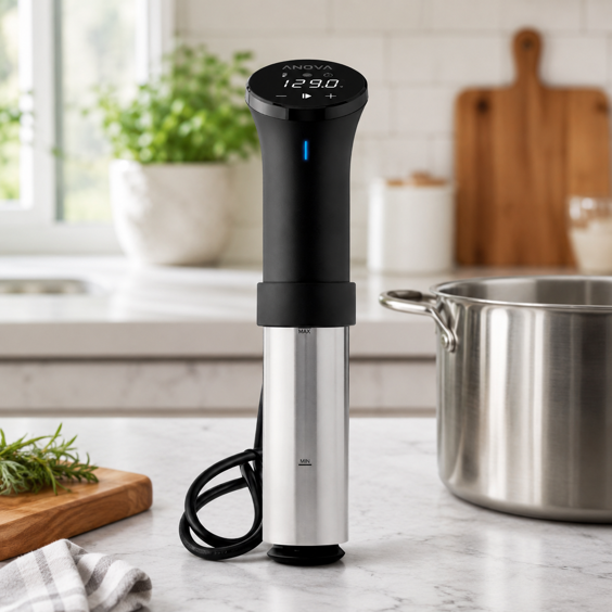 anova culinary sous vide precision cooker 2.0 on a marble kitchen counter