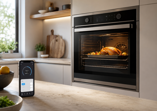built-in smart oven roasting a chicken with a companion app open on a smartphone on the counter
