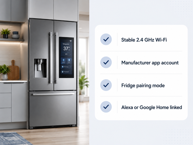 checklist graphic showing four requirements for smart fridge setup including wi-fi and app account