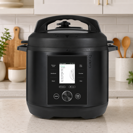 chef iq smart pressure cooker on a marble kitchen counter