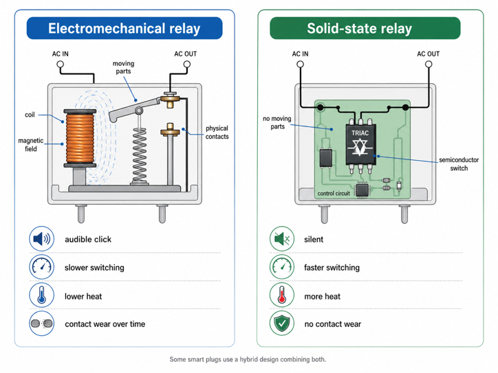 comparison diagram of electromechanical and solid state relays, showing coil and contacts versus triac switch, with tradeoffs in heat, speed and noise