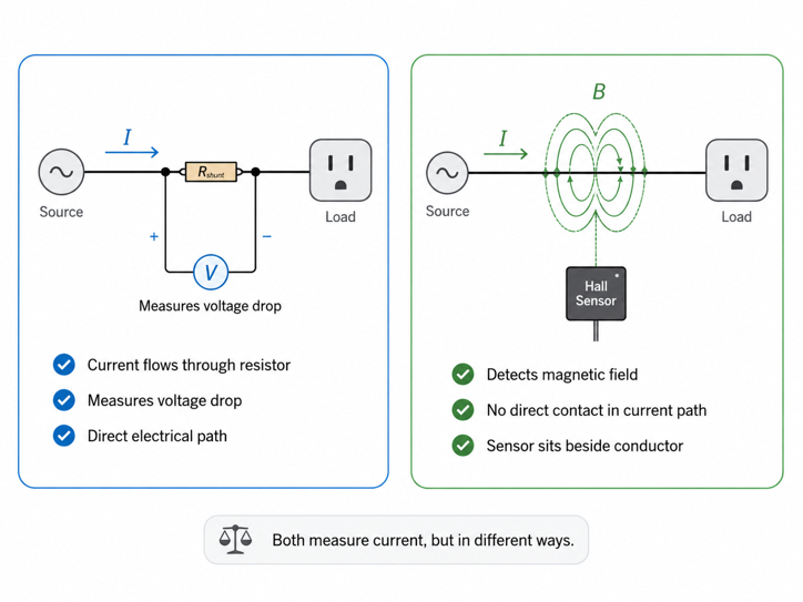 comparison diagram of shunt resistor and hall-effect current sensing methods, showing direct voltage-drop measurement versus magnetic field detection