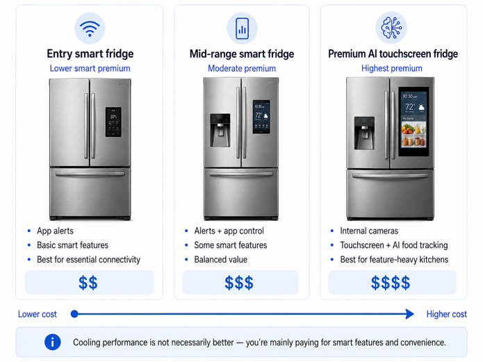 comparison graphic showing three smart fridge price tiers from entry to premium touchscreen