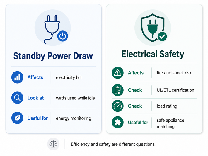 comparison showing standby power draw affects your electricity bill, while electrical safety depends on certification and load rating