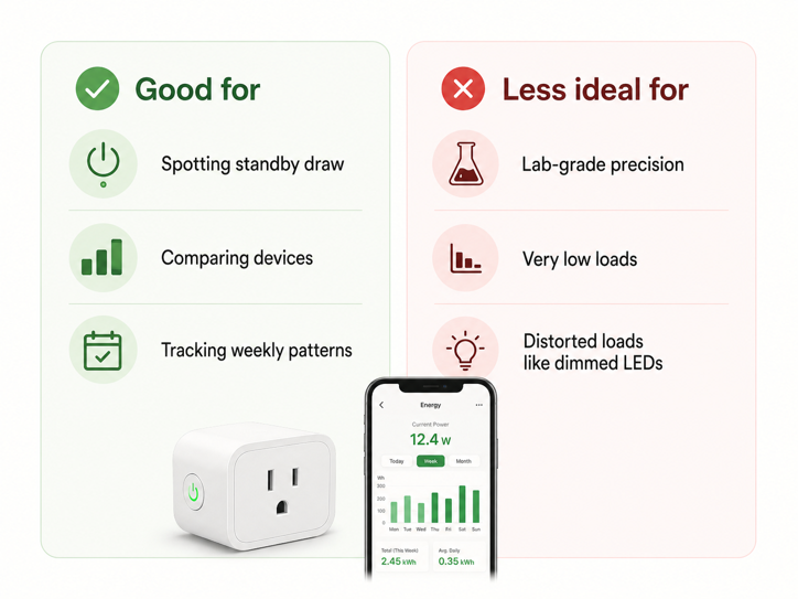 comparison showing what smart plug energy monitoring is good for, like spotting standby draw, versus its limits with lab-grade precision and distorted loads