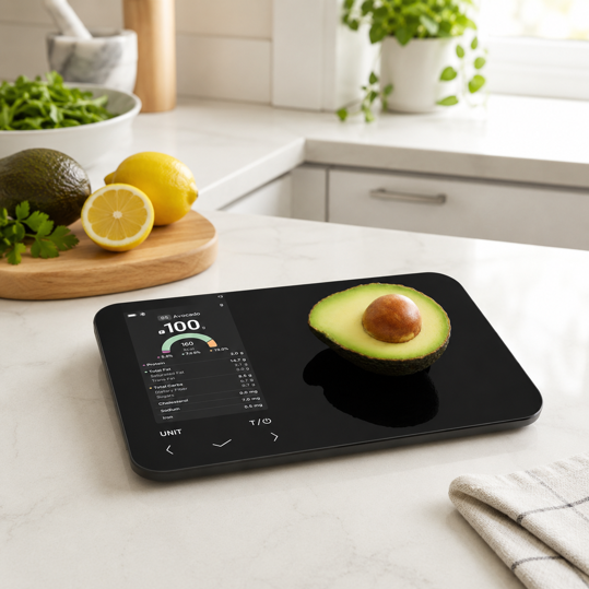 cosori smart food scale on-screen display showing avocado nutrition breakdown with calories and macros