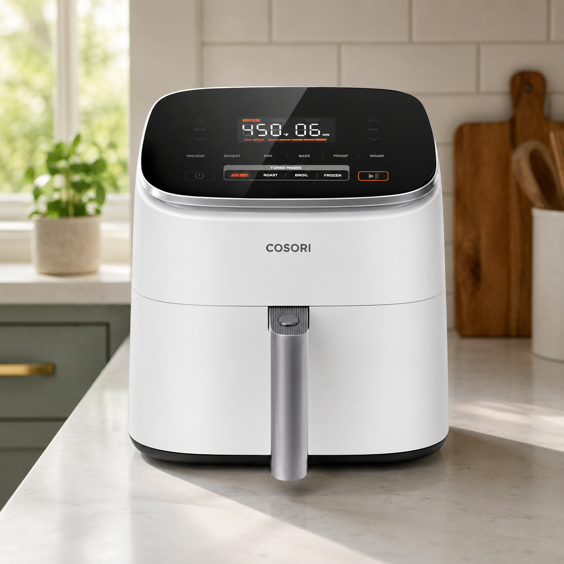cosori turboblaze smart air fryer in white on a kitchen counter with digital display showing 450 degrees