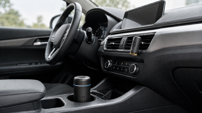 cup holder and vent clip car diffusers shown inside a car interior