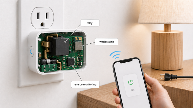 cutaway smart plug showing labeled relay, wireless chip and energy monitoring components, with a phone sending an on command
