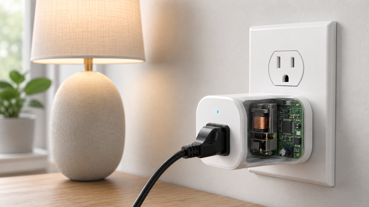 cutaway view of a smart plug showing the internal relay and circuit board components inside the housing