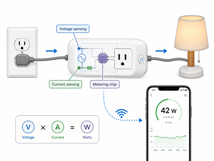 diagram showing how a smart plug measures power, with voltage and current sensing feeding a metering chip that reports live wattage to a phone app