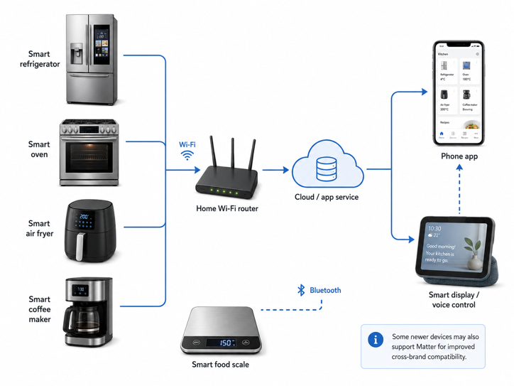 diagram showing how smart kitchen appliances connect via wi-fi and bluetooth to a home router, cloud service and phone app