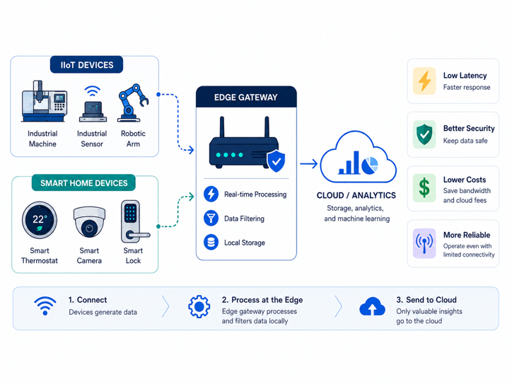 diagram showing iiot and smart home devices connecting through an edge gateway to process data locally before sending insights to the cloud