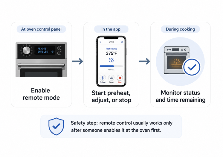 diagram showing three steps for smart oven remote preheat - enable remote mode at the control panel, start preheat in the app, then monitor status and time remaining