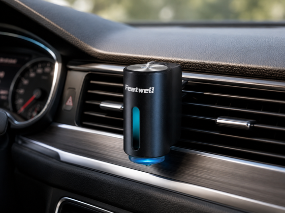 featwell car aroma diffuser clipped to air vent with blue ambient light