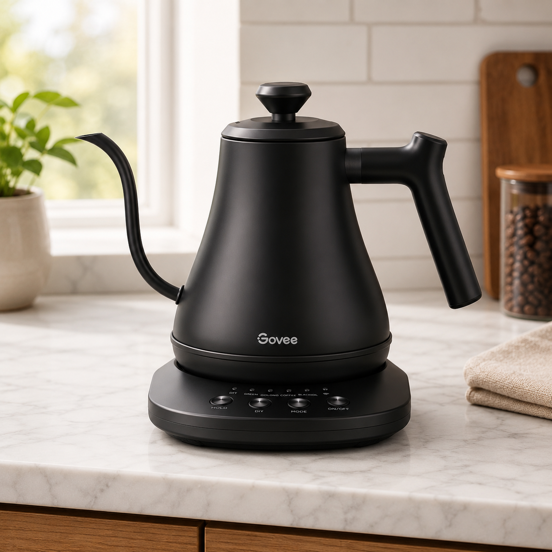 govee smart gooseneck kettle in matte black on a marble kitchen counter with temperature preset controls visible on the base