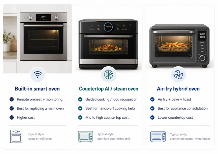 infographic comparing three smart oven categories - built-in smart oven, countertop ai steam oven and air-fry hybrid oven with key features and typical styles