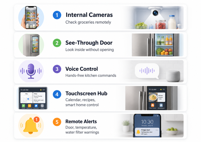infographic showing five smart fridge features including cameras, see-through doors, voice control, touchscreen and alerts