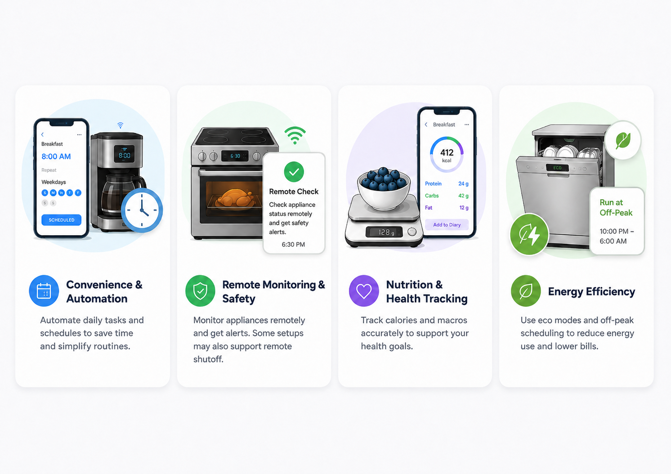 infographic showing four smart kitchen benefits - convenience and automation, remote monitoring, nutrition tracking and energy efficiency