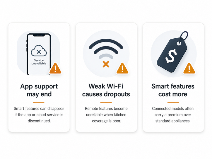 infographic showing three smart kitchen limitations - app support ending, weak Wi-Fi causing dropouts and higher cost of connected appliances