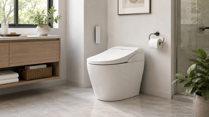 integrated smart toilet with wall mounted remote control in a modern bathroom