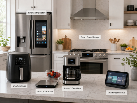 labeled smart kitchen appliances including air fryer, food scale, coffee maker, refrigerator, oven and smart display on a kitchen counter