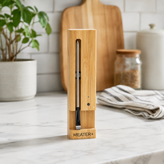 meater plus wireless meat thermometer probe in its bamboo charging block on a marble kitchen counter