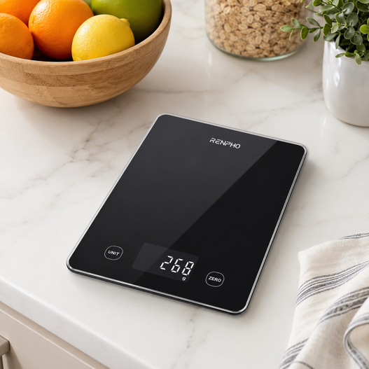 renpho digital kitchen scale with black glass platform displaying weight on counter