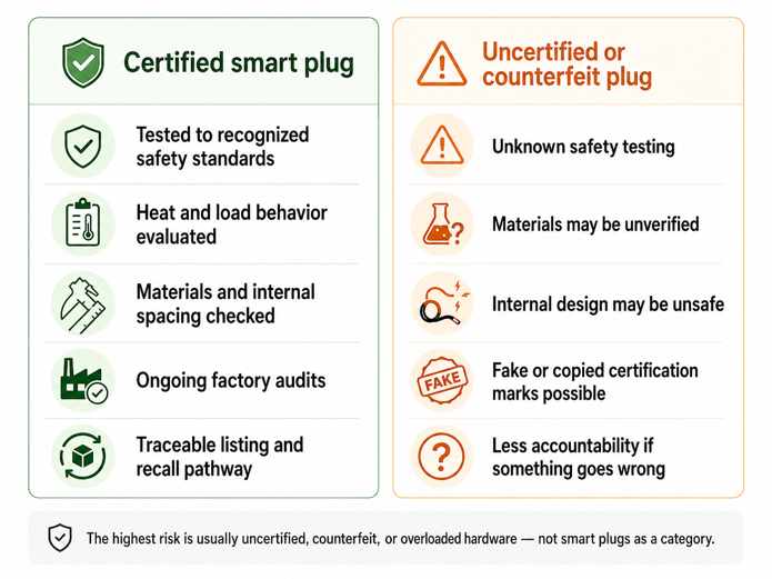 side-by-side comparison of certified versus uncertified smart plugs, showing safety testing, materials and accountability differences