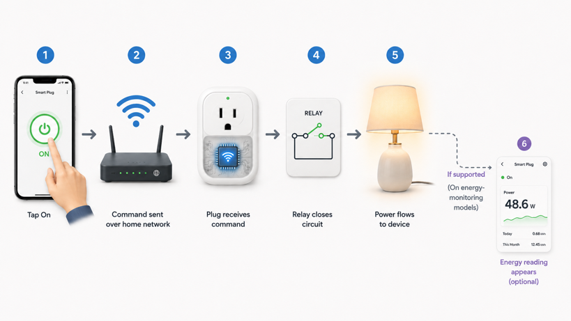 six step diagram showing a smart plug turning on, from tapping the app to the relay closing, with an optional energy reading step for supported models