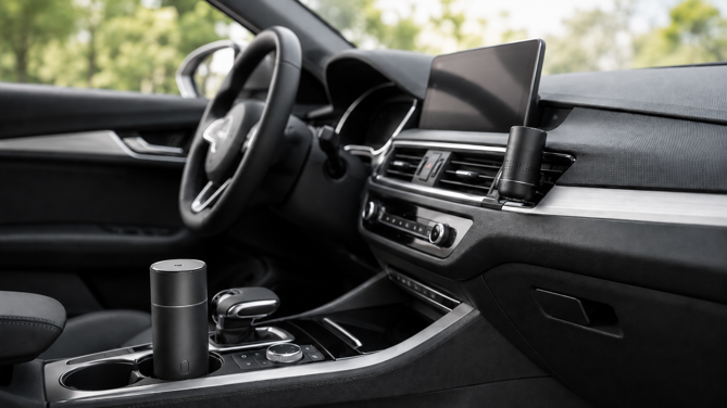 smart car diffusers showing cup holder and vent clip placement in car interior