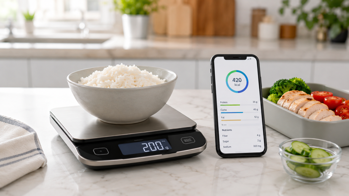 smart food scale displaying 200g of rice next to phone showing calorie and macro breakdown