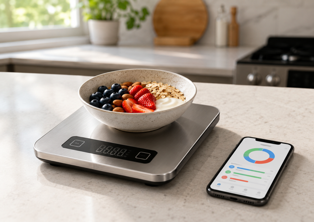 smart food scale weighing a bowl of breakfast ingredients with nutrition app on phone