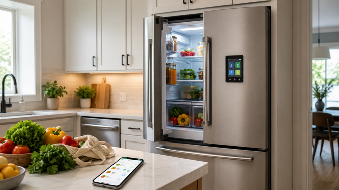 smart fridge with small touchscreen and open door showing fresh produce
