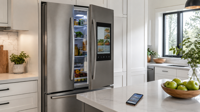 smart fridge with touchscreen display and open door showing fresh groceries