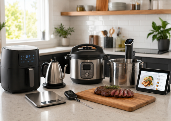 smart kitchen appliances including air fryer, food scale, gooseneck kettle, multi-cooker, sous vide, meat thermometer and smart display on a kitchen counter