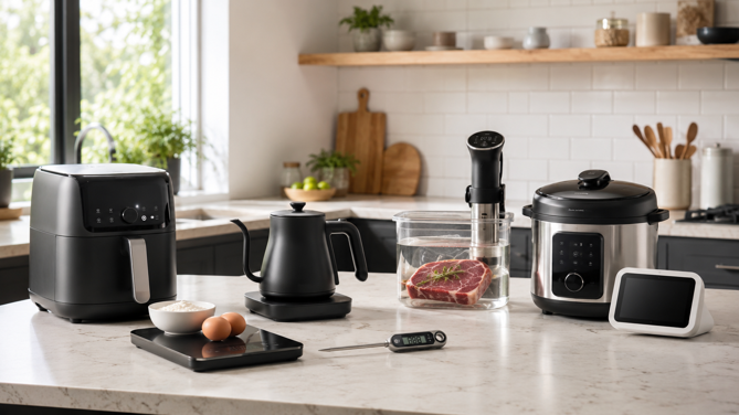 smart kitchen appliances lineup including air fryer, food scale, kettle, sous vide, multi-cooker and smart display on a marble kitchen counter