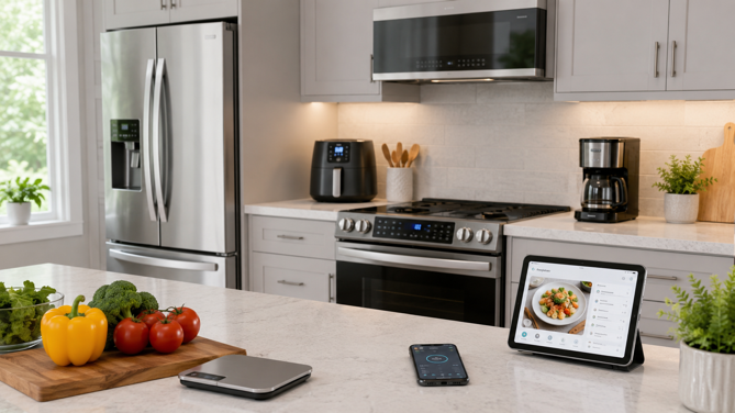 smart kitchen setup with connected food scale, smartphone app and tablet displaying a recipe on a marble countertop