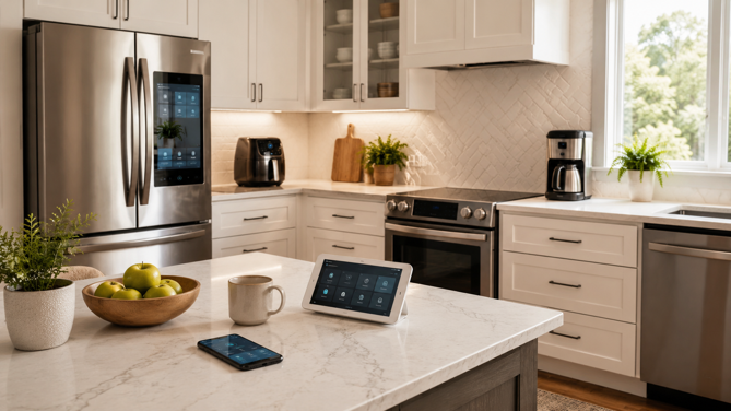 smart kitchen with touchscreen refrigerator, connected appliances and smart home control tablet on a kitchen island