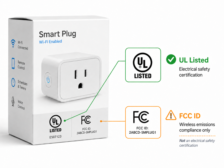 smart plug packaging showing ul listed mark and fcc id, with fcc explained as not a safety certification