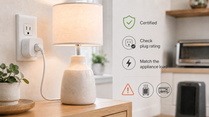 smart plug safety infographic showing certification check, plug rating check and appliance load warning icons