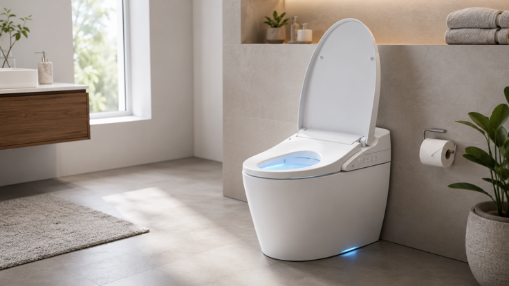 smart toilet with blue night light and bidet seat in a modern bathroom